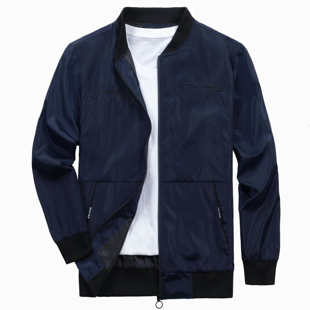 (navy, S) Mens Jacket Hiking Camping Windproof Outerwear Spring Autumn Zipper Letter Embroidery Sportwear Bomber Casual Coats Streetwear Yasheng