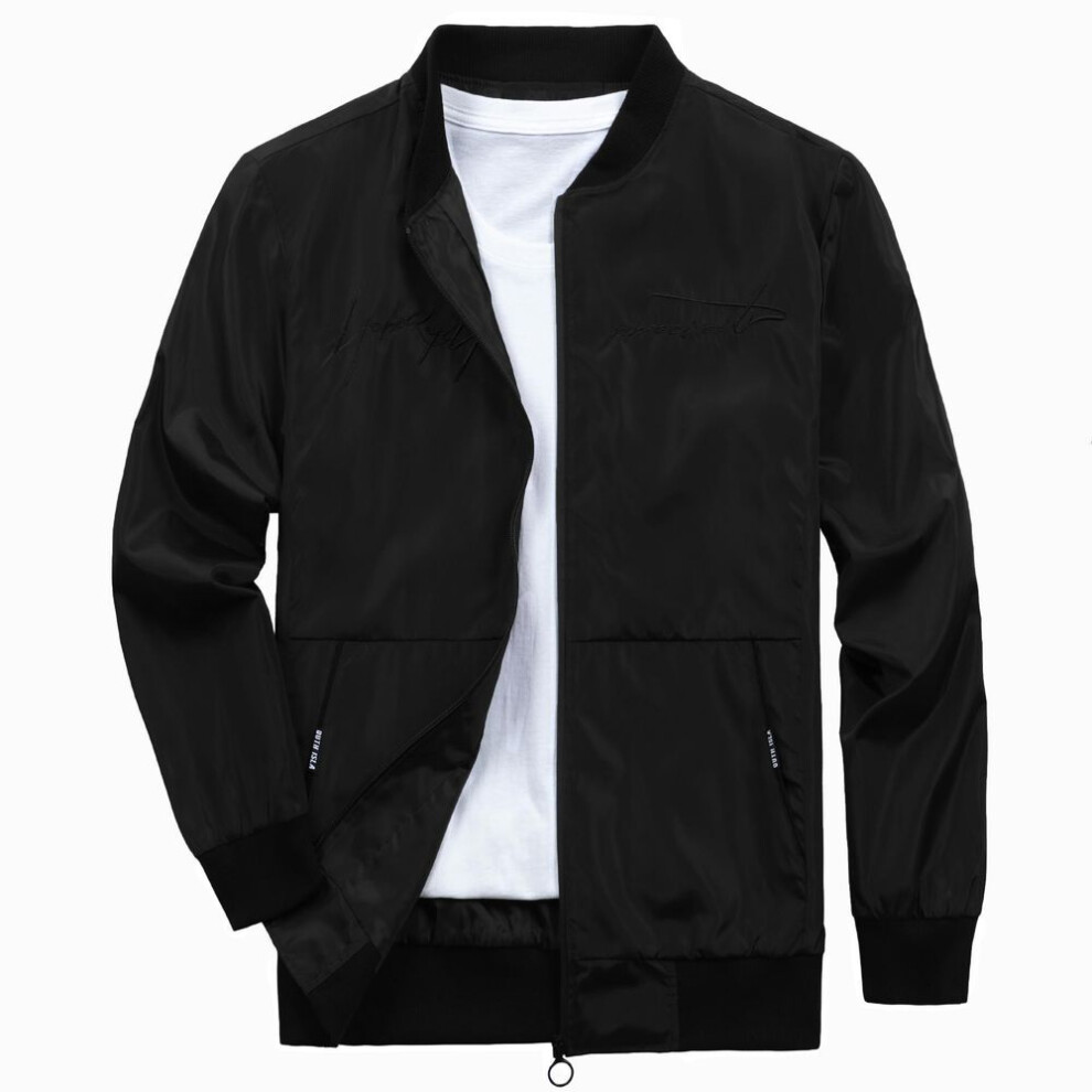(black, M) Mens Jacket Hiking Camping Windproof Outerwear Spring Autumn Zipper Letter Embroidery Sportwear Bomber Casual Coats Streetwear Yasheng