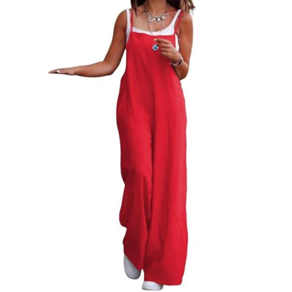 (XL, red) Women Summer Jumpsuit Backless Sleeveless Spaghetti Strap Wide Leg Loose Deep Crotch Pockets Full Length Lady Long Jumpsuit