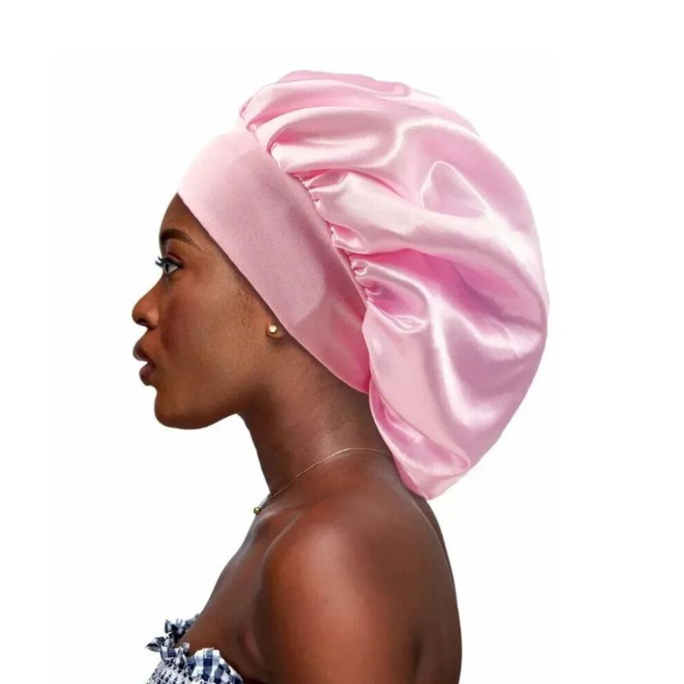 (Pink) Large Satin Bonnet Silk Bonnet Hair Wrap For Sleeping Sleep Cap With Elastic Soft Band Big Bonnets For Women Hair Care Caps Pink