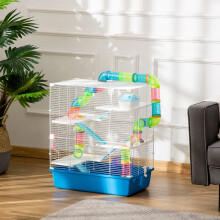 PawHut Hamster Cage with Water Bottle, Exercise Wheel, Tubes & Ramps - Blue (D51-233BU)