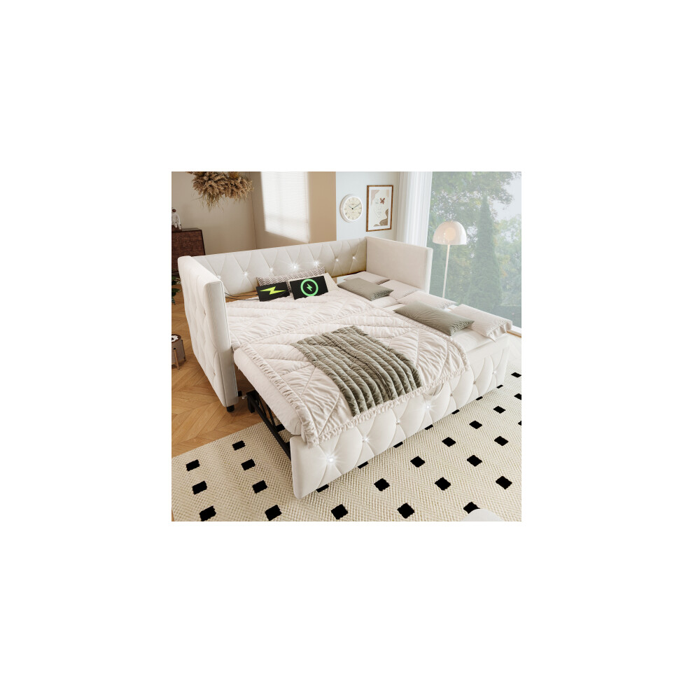 (Beige) 3FT Single Daybed Single Upholstered Bed Sofa Bed with USB &Type C Charging Sations