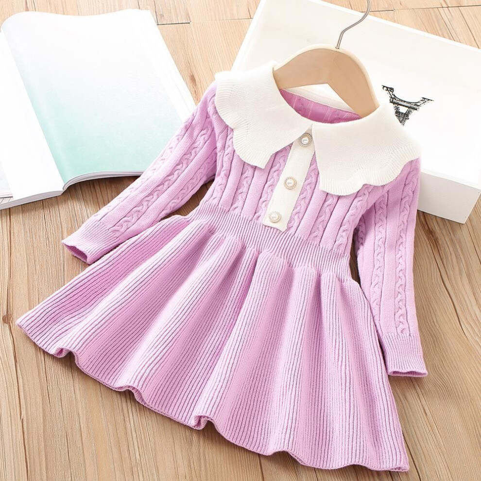 (purple, 110cm) Winter Girls Knitting Wool Long Sleeve Dress Autumn Girls Baby Ruffle Knitted Princess Sweater Dress Casual Clothes