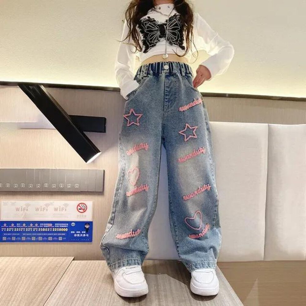 (blue, 140cm) Blue Spring Teenagen Girls Jeans Stars Love Towel Embroidered Fashion Wide Leg Long Pants Baggy Denim Trousers Kids Girl