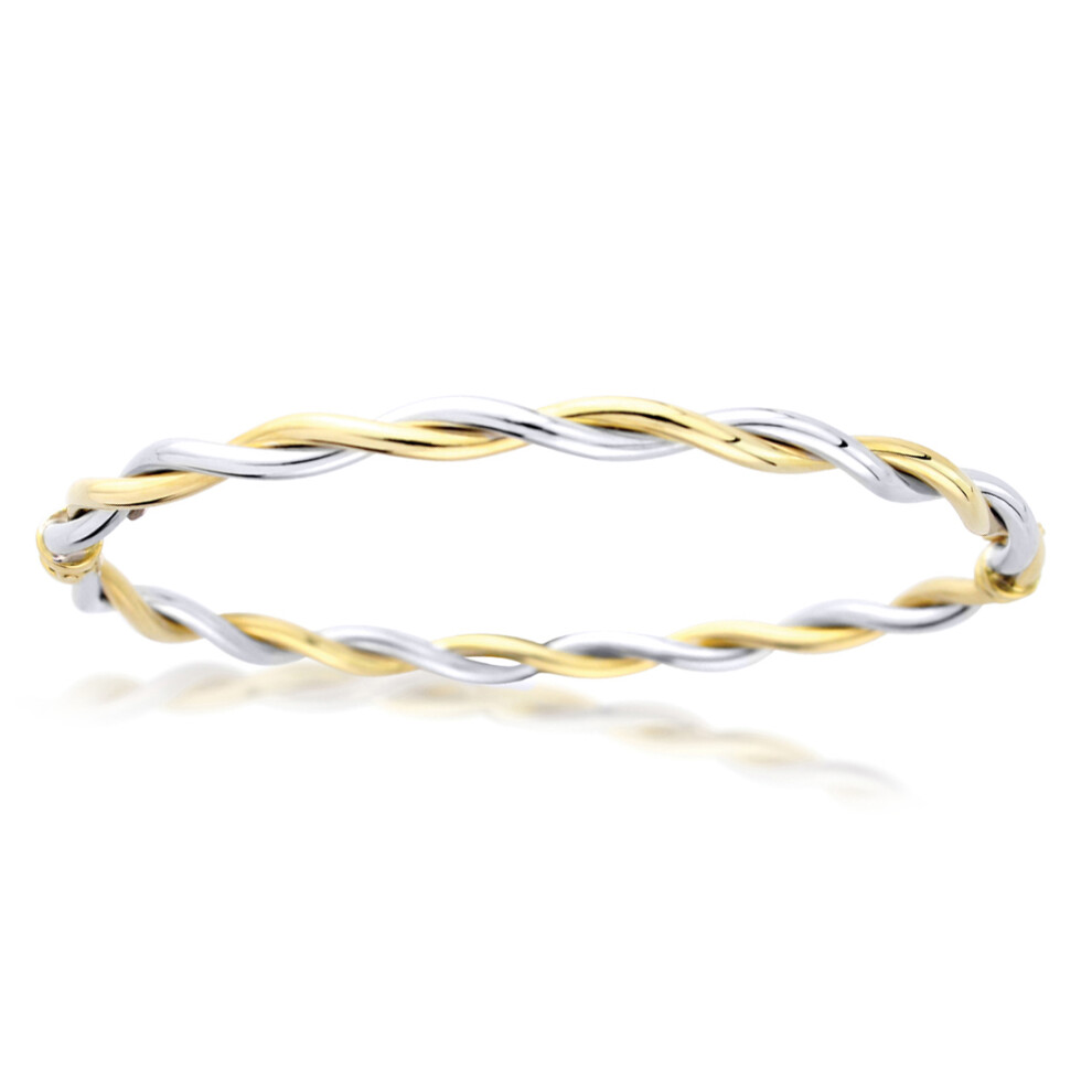 Jewelco London Ladies 9ct White Yellow Gold Woven Tube Twist Bangle Bracelet 4mm - BNNR02384
