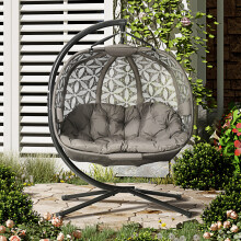 Outsunny Double Hanging Swing Chair w/ Stand & Cup Holders, Brown
