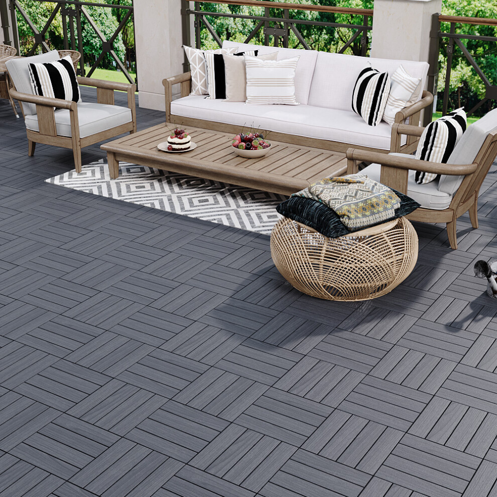 (Blue Gray) 11Pcs Wood Grain Interlocking Deck Tiles Set