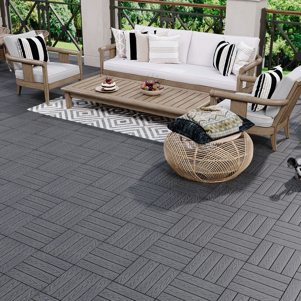 (Dark Gray) 11Pcs Wood Grain Interlocking Deck Tiles Set