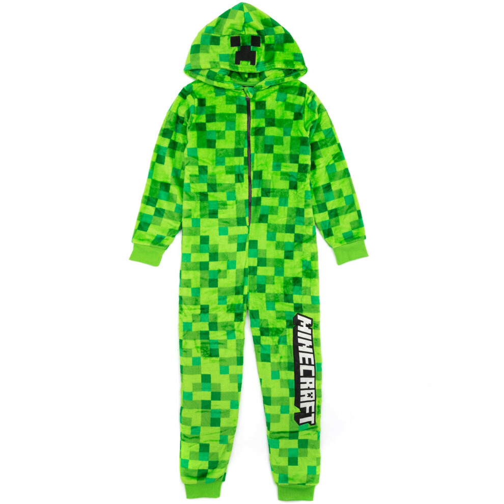 (13-14 Years) Minecraft Creeper Onesie For Boys & Girls | Kids Green Soft Pixelated Sleepsuit with Creeper Face Hood | Children's Gamer All In One Pyjamas Gift