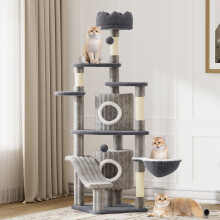 (Light Grey) 7-Layer Indoor Castle Cat Tree 162cm Velvet Fabric Equipped with Cat Scratching Posts