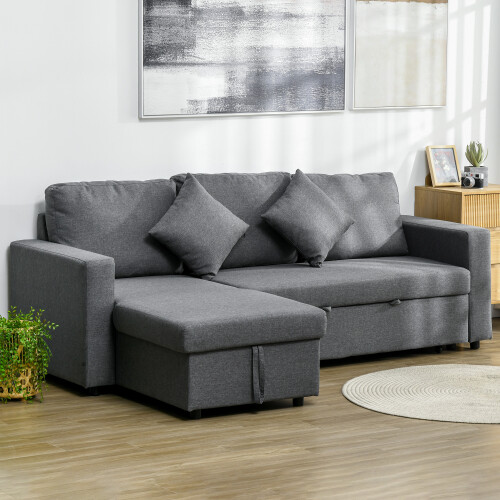 Homcom HOMCOM Corner Sofa Bed with Storage, 3 Seater Pull Out Sofa Bed, Dark Grey