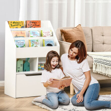 HOMCOM Kids Bookcase & Toy Box with Wheels - White (311-048WT): 3-Tier Shelf, Drawer & 2 Cubes, Anti-Tip Wall Mount, 60W x 29.9D x 90H cm