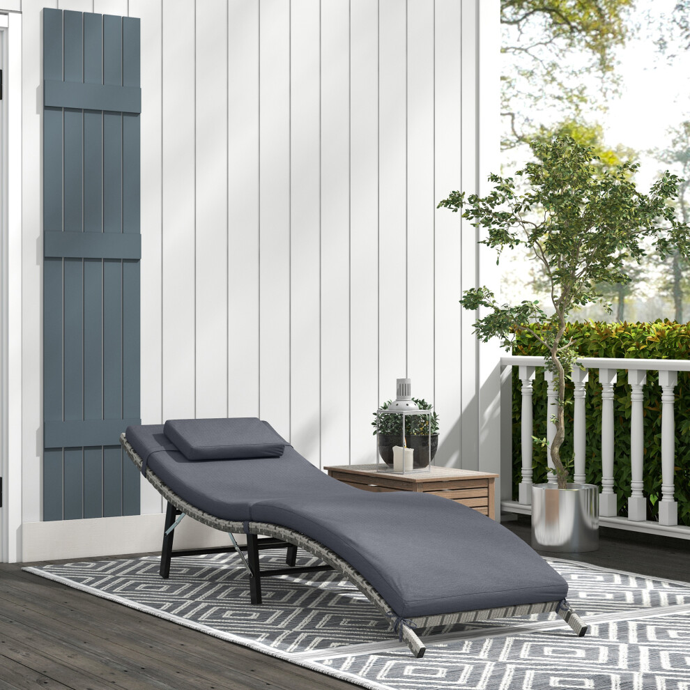 Outsunny Folding Rattan Sun Lounger with Cushion and Pillow, Grey