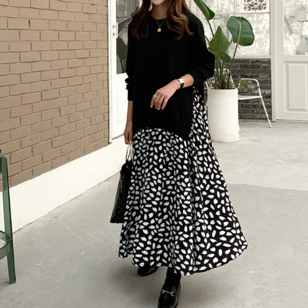 (black, XL) Spring and Autumn Plus Size Long Sleeve T-Shirt Splicing Printed Big Swing Dress Round Neck Long Dress