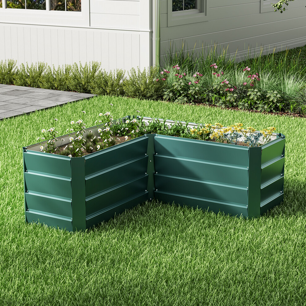 Outdoor Metal L-Shaped Raised Garden Bed, Dark Green