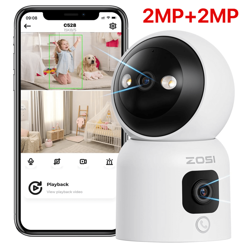 Zosi 2-In-1 Wifi Cctv Camera Indoor 2Mp 360Â° Dual-Lens Views Monitor 6941709240851