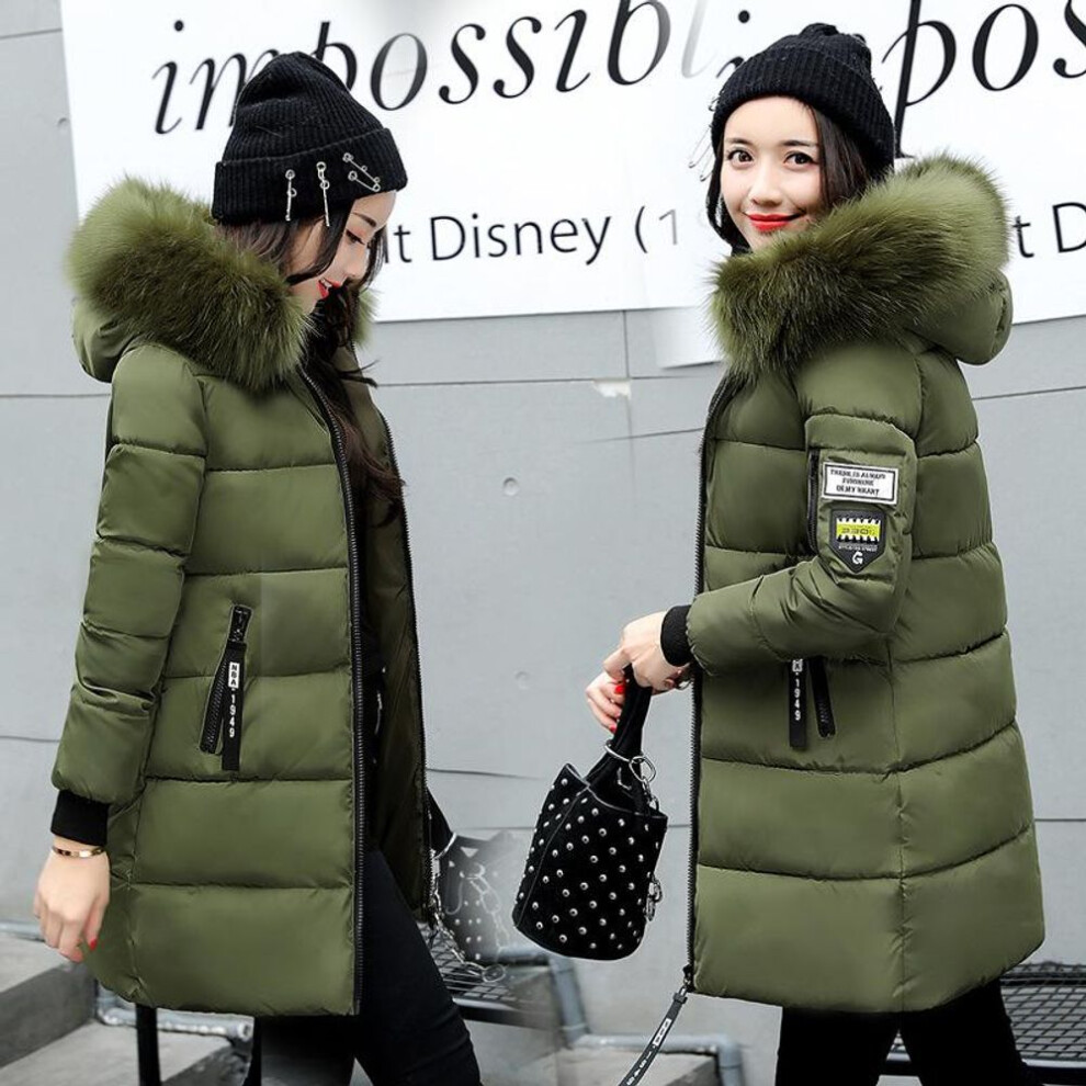 (army green, M) Fashion Women Long Down Cotton Parka Fur Collar Hooded Coat Winter Warm Jacket