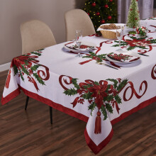Kadut Christmas Ribbon Tablecloth 60 x 126 Inch for 8 Foot Rectangle Tables Heavy Duty Fabric Stain Proof Xmas Ribbon Table