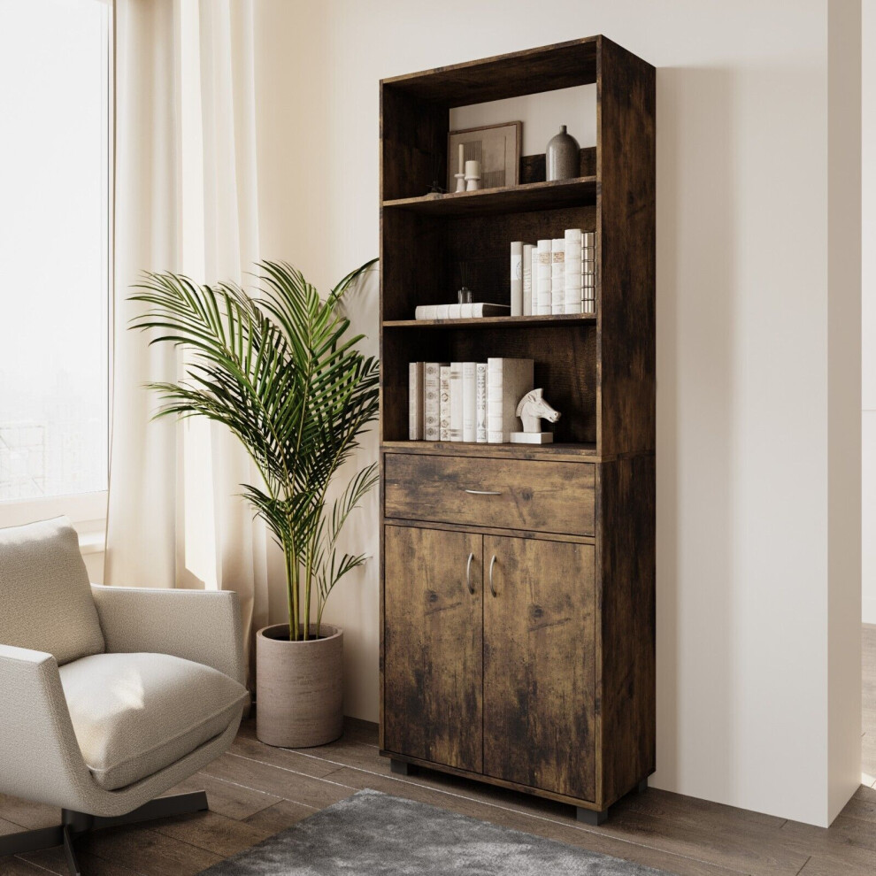 (Rustic Brown) 5 Tier Wooden Display Bookcase Shelves Drawer
