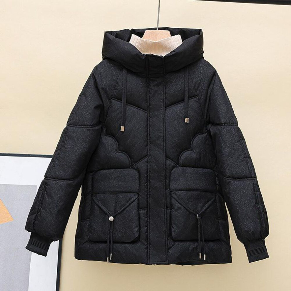 (black, XXXXL) Down Jacket Women&apos;s Mid Length Loose and Thickened Standing Neck Slimming Jacket