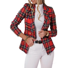 (2XL,Red)Womens Tartan Button Long Sleeve Blazer Ladies Stylish Slim Fit Coat Jacket Suit