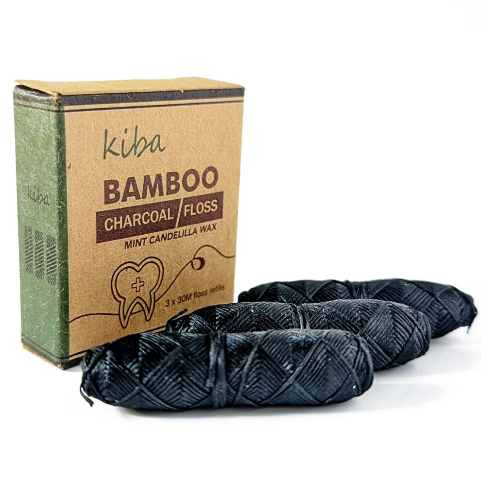 Kiba Bamboo Charcoal Floss 3-Delige Navulset (3 X 30M Tandzijdenavullingen) - Milieuvriendelijke Floss Met Candelillawas - Munt - Veganistisch-image