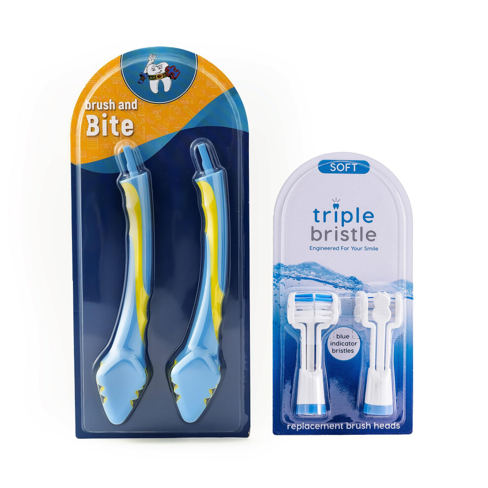Triple Bristle Brush and Bite Handle Replacement Brush Head Combo | Special Needs & Autism Mouth Prop Toothbrush | Ergonomic Handle w/Bite Block | Pat-image-OPC-PFSVNKT-NEW