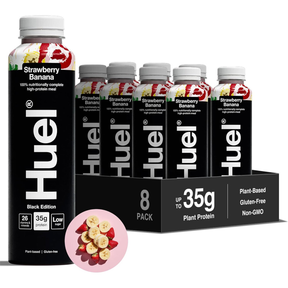 Huel Black Edition Ready-to-Drink Strawberry Banana Flavour High Protein Drink 35g Protein Per Bottle Not Just A Meal Replacement (8x 500ml bottles)
