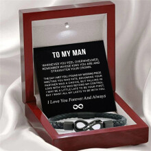 (Black bracelet + card light box) Stainless Steel Black Handmade Leather Men's Bracelet Magnetic Buckle Round Rope 8-figure Leather Bracelet
