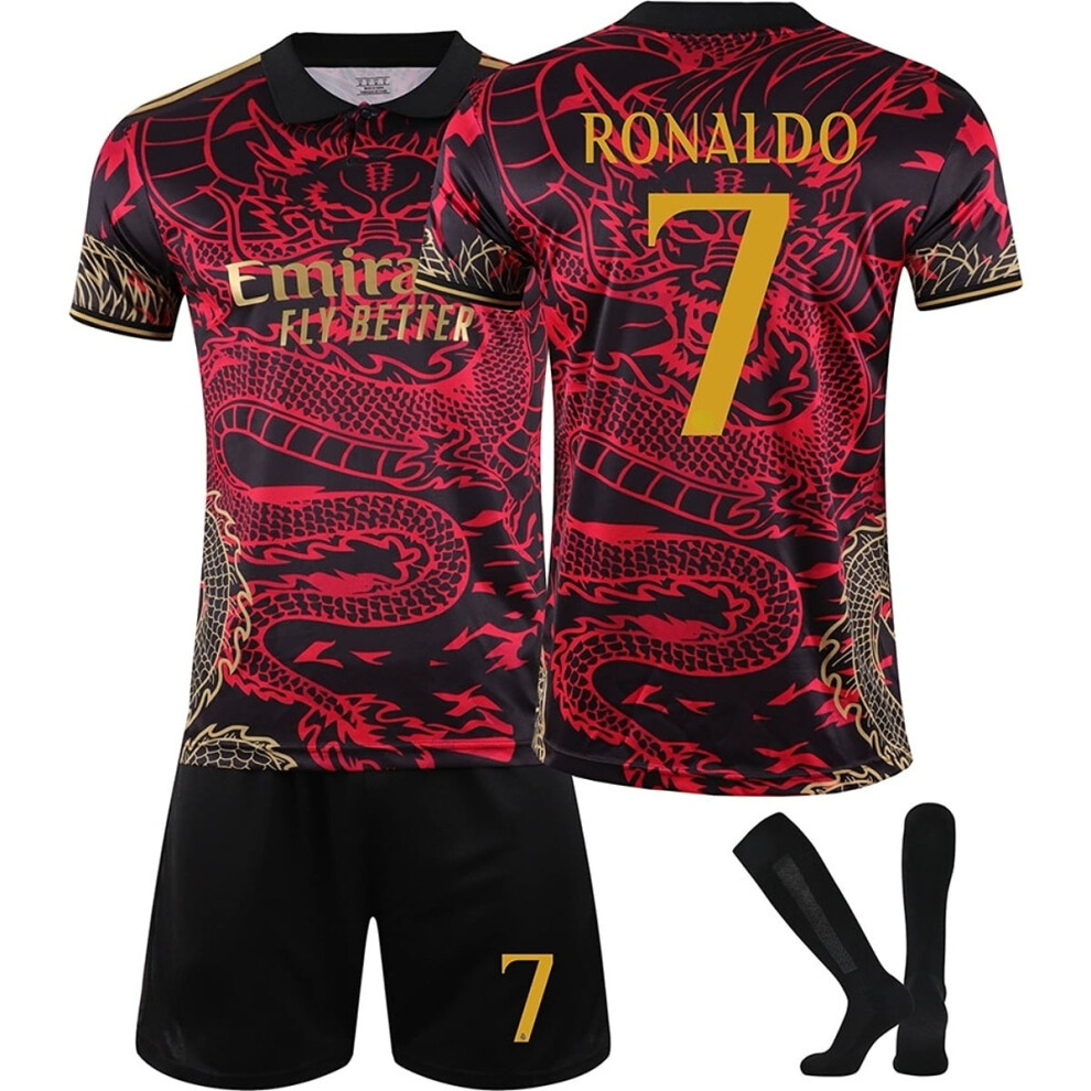 (18(100-110CM)) 24/25 Madrid Popular Dragon Pattern Red Soccer Activewear Print No.7 Ronaldo Fans Training Football Jerseys Kits