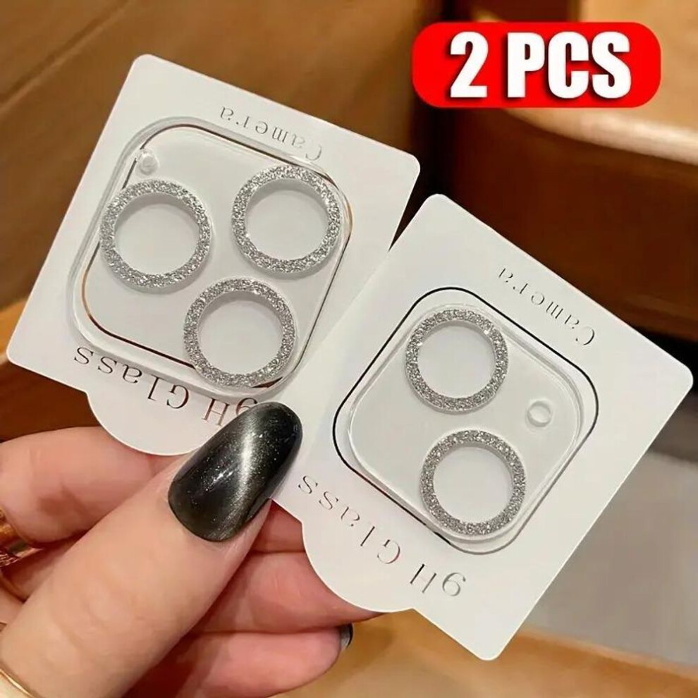(silver, iphone 14 Pro Max) 2pcs Camera Lens Tempered Glass Shiny Bling Glitter Protector For Iphone 15 / 15 Pro / 15 Pro Max / 14 13 12 11 Promax Plus Mini Case Cover
