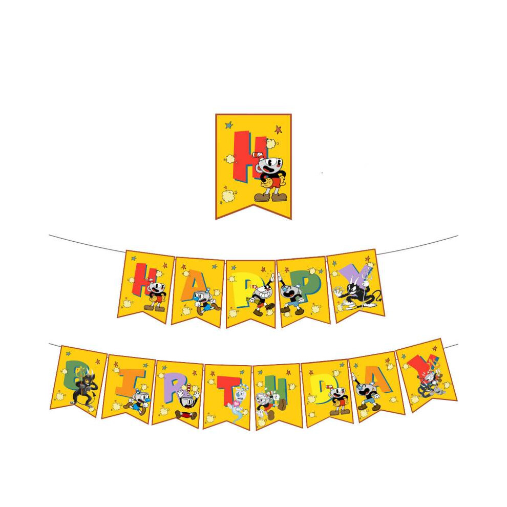 (Flag) Birthday Cuphead Themed Party Decorations Set Props Balloons Cake Toppers Flags