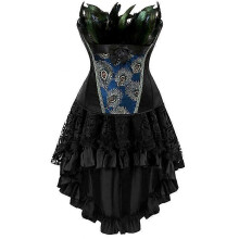 (4XL,Black Set)Women Corset Set Peacock Embroidery Overbust Corset Floral Lace Skirt Gothic Feather Shapewear Burlesque Costume