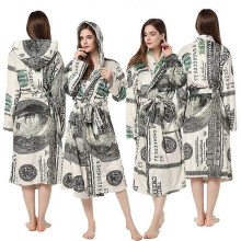 (S,Collar)Dollar Printed Bathrobe Couple Hooded Pajamas Flannel Homewear Personalized Nightgown