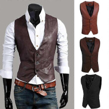 (XL,Burgundy)Men's Vintage V-neck Waistcoat PU Leather Jacket Casual Slim Vests