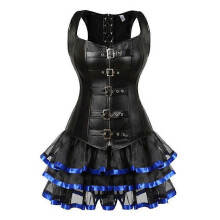 (L,Blue)Women's Steampunk Lace Up Waist Trainer Body Shaper Overbust Corset Dress Faux Leather Corset Mini Skirt