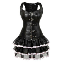 (XL,Pink)Women's Steampunk Lace Up Waist Trainer Body Shaper Overbust Corset Dress Faux Leather Corset Mini Skirt