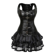 (M,Black)Women's Steampunk Lace Up Waist Trainer Body Shaper Overbust Corset Dress Faux Leather Corset Mini Skirt