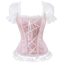 (S,Pink)Princess Style Women Lingerie Body Shaper Short Sleeve Lace Up Corset Bridal Corset Top
