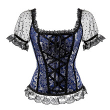 (4XL,Navy)Princess Style Women Lingerie Body Shaper Short Sleeve Lace Up Corset Bridal Corset Top