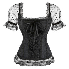 (3XL,Black)Princess Style Women Lingerie Body Shaper Short Sleeve Lace Up Corset Bridal Corset Top