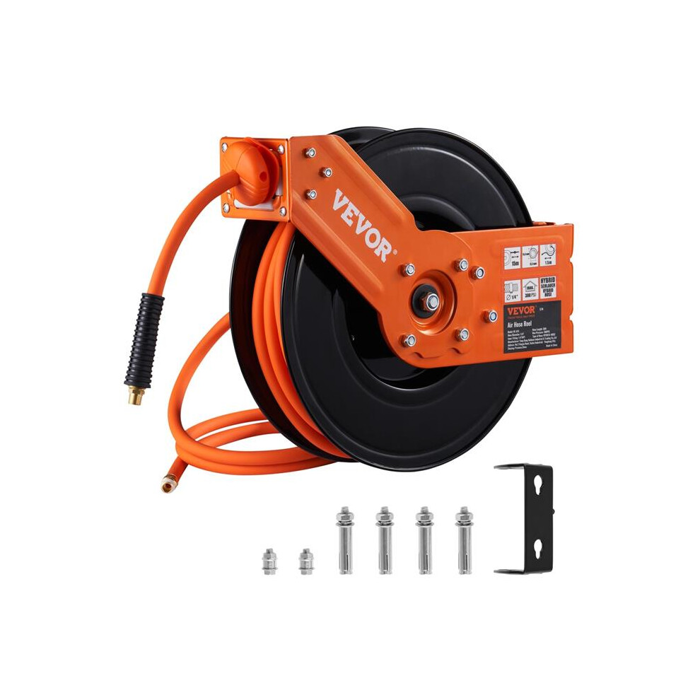 Vevor KFSKQRGJ50384B5N3V0 0.375 in. x 50 ft. Retractable Air Hose Reel - Hybrid Air Hose Max 300psi - Air Compressor Hose Reel with 5 ft. Lead in