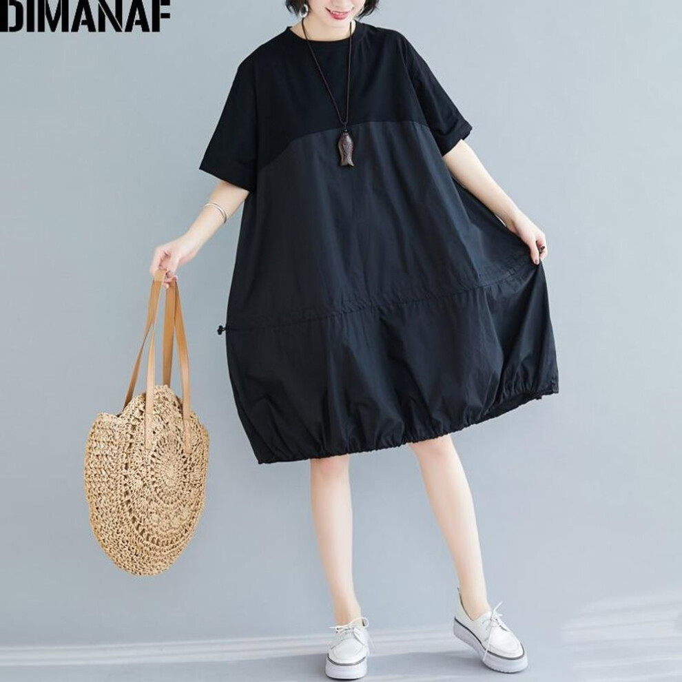 (black, 4XL) Dimanaf Plus Size Women Dress Summer Spring Cotton Lady Vestidos Loose Pleated Clothes Casual Spliced Dress Solid Black Sundress