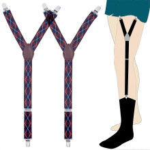 (Navy grid)Men's Shirt Holders Stays Y-Style Adjustable Elastic Leg Suspenders Straps Non-slip Clips Sock Garter Clamps for Military