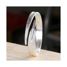 (Angel Wing) (Crystal Love) 925 Sterling Silver Ladies Round Beaded Feather Bracelet Angel Bangle Jewellery