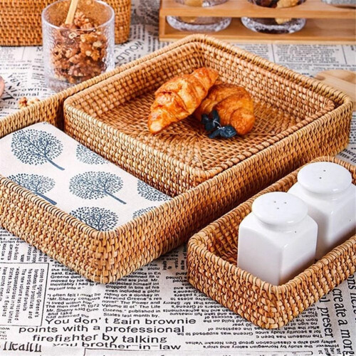 Hand-Woven Storage Basket Rattan Storage Tray Wicker Baskets-C 1
