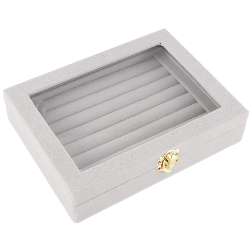 Boîte organisatrice en velours en verre pour bagues, boucles d'oreilles et bijoux, gris