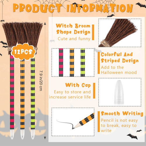 Halloween Witch Broom Pencil Πολύχρωμα στυλό σκούπας μάγισσας (12 τεμάχια) 1