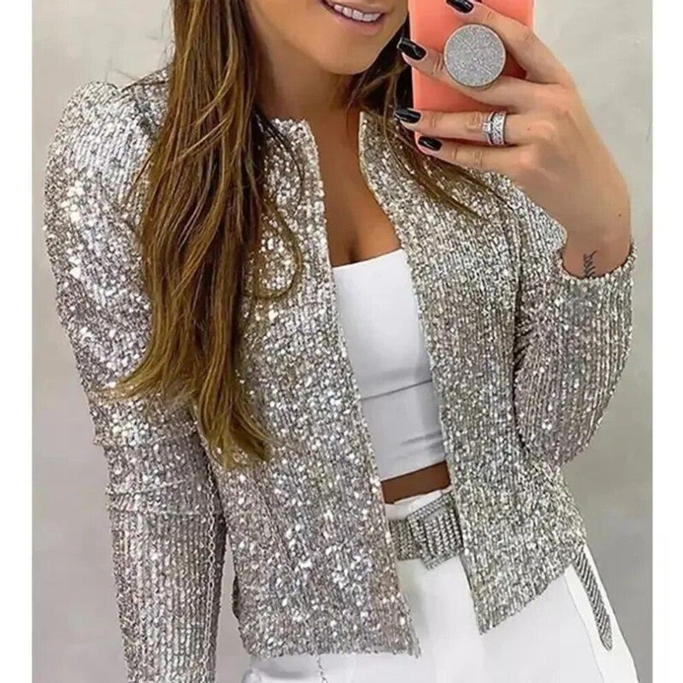(XL, silver) Fashion Standing Collar Sequin Coat Casual Zipper Long Sleeve Solid Color Coat Versatile Dance Nightclub Bar Jacket Women 30075