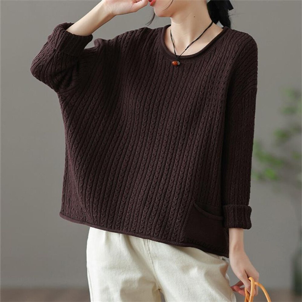 (One Size, brown) DIMANAF Plus Size Women Sweater Loose Casual Autumn Knitting Basic Tops 2022 T-Shirt New Pullover O-Neck Red Sweaters